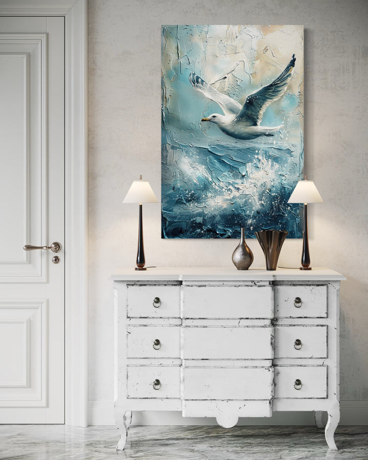 Seagull Over Ocean Wave Coastal Framed Canvas Wall Art