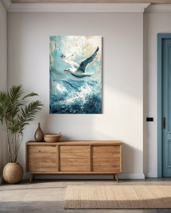 Seagull Over Ocean Wave Coastal Framed Canvas Wall Art