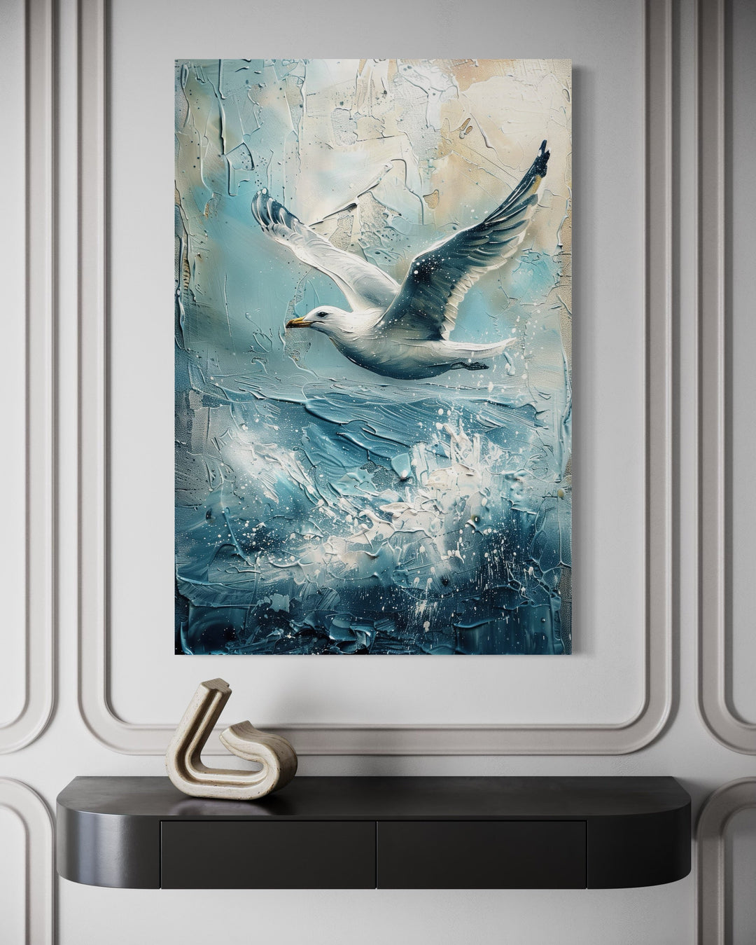 Seagull Over Ocean Wave Coastal Framed Canvas Wall Art