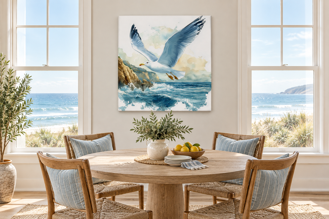Seagull flying over ocean waves framed canvas wall art in a coastal dining room setting.
