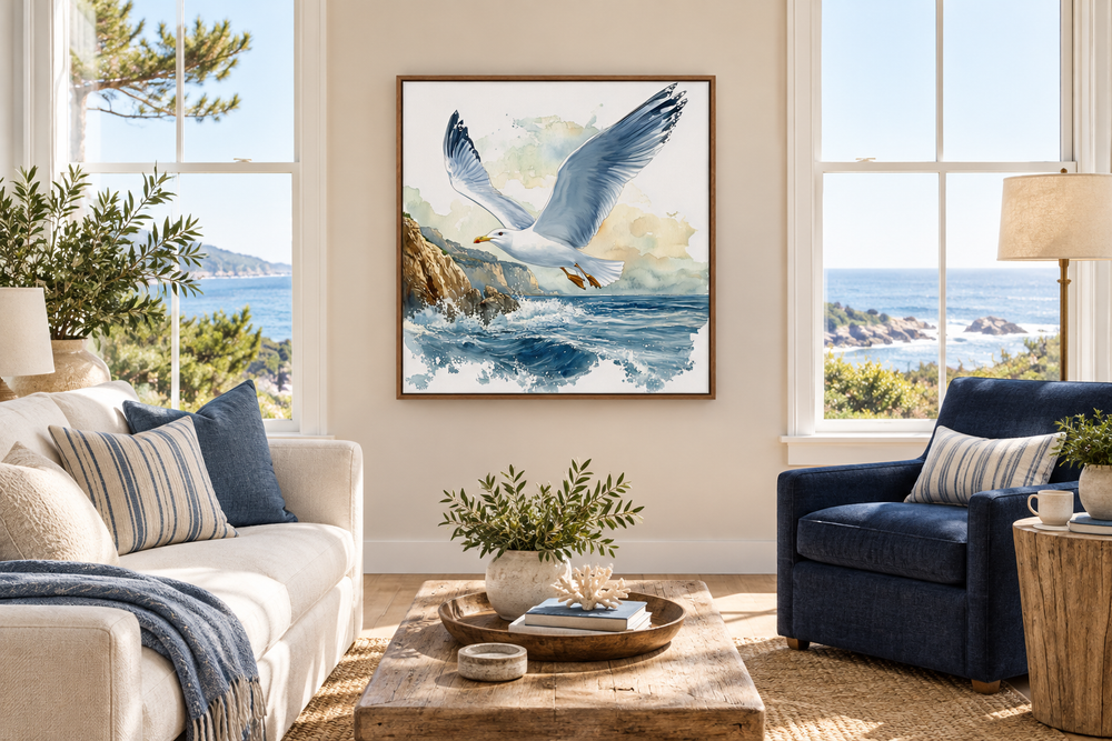 Seagull flying over ocean waves framed canvas wall art in a coastal living room setting.
