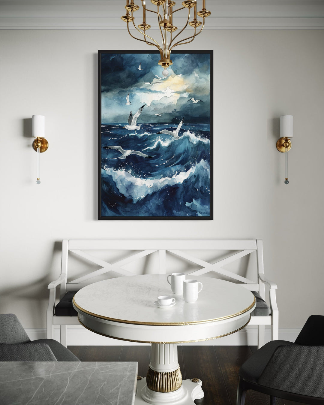 Seagulls Over Stormy Ocean Framed Canvas Wall Art