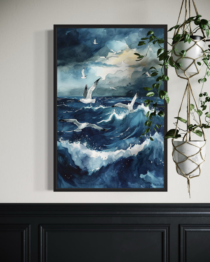 Seagulls Over Stormy Ocean Framed Canvas Wall Art