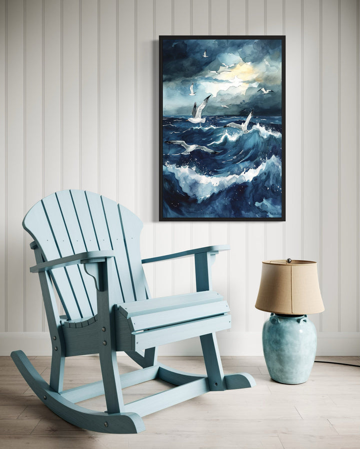 Seagulls Over Stormy Ocean Framed Canvas Wall Art