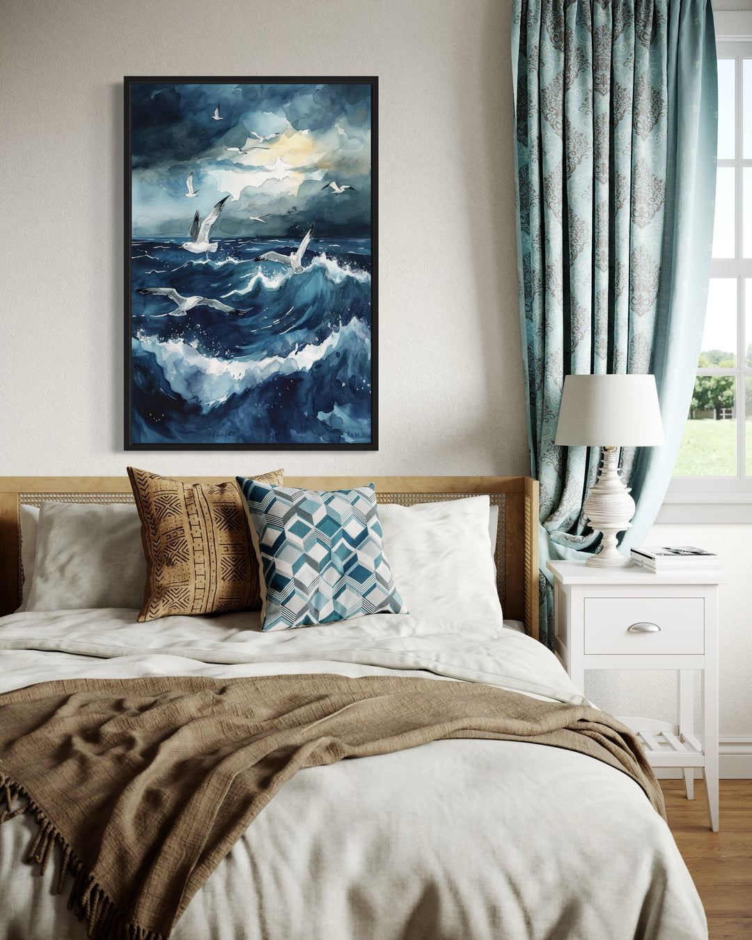 Seagulls Over Stormy Ocean Framed Canvas Wall Art