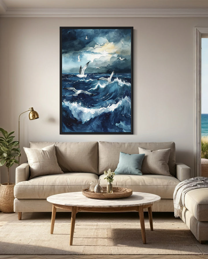 Seagulls Over Stormy Ocean Framed Canvas Wall Art