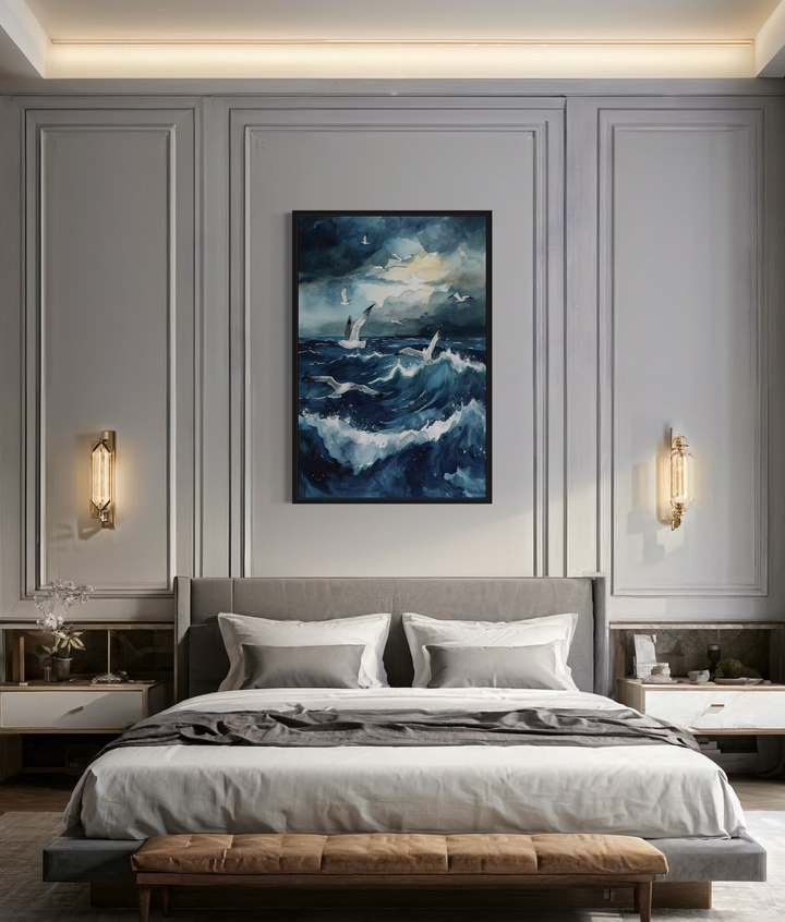 Seagulls Over Stormy Ocean Framed Canvas Wall Art