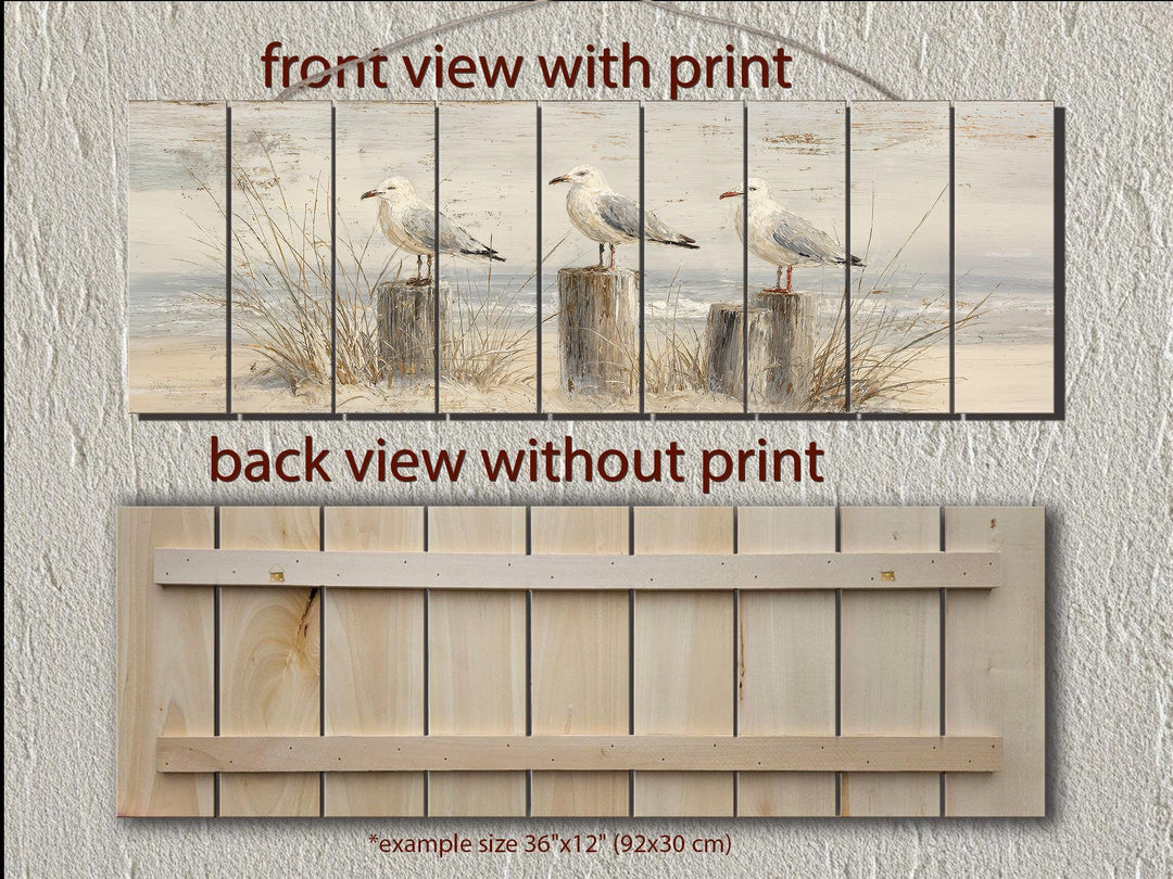 Front and back views of a horizontal wood plank wall art featuring seagulls on beach posts.