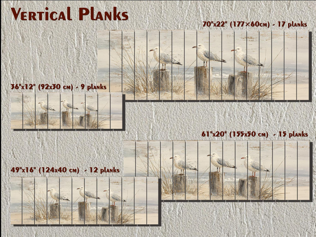 Horizontal wood wall art featuring seagulls on beach posts, available in four multi-plank sizes.