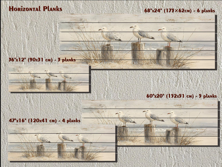 Seagulls perched on wooden posts in a coastal scene, printed on horizontal wood planks.
