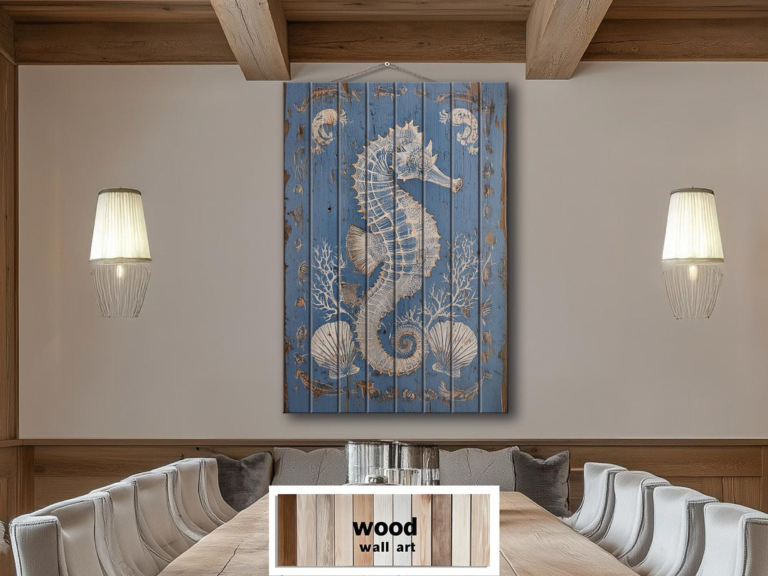 Seahorse and Seashells Vertical Distressed Coastal Wood Wall Art