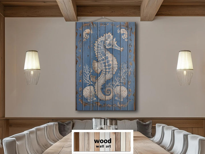 Seahorse and Seashells Vertical Distressed Coastal Wood Wall Art