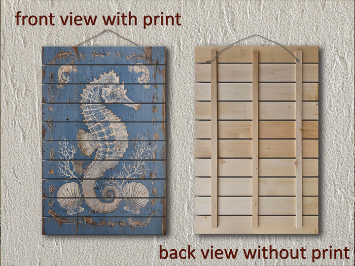 Seahorse and Seashells Vertical Distressed Coastal Wood Wall Art