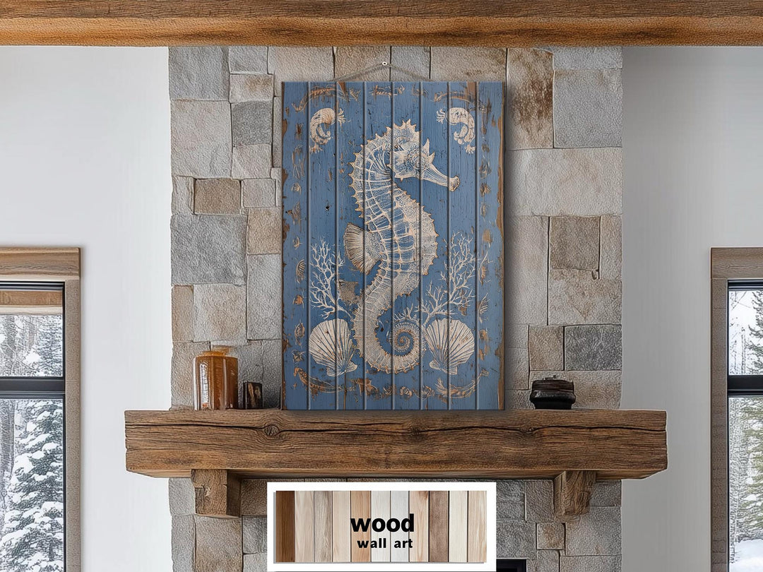 Seahorse and Seashells Vertical Distressed Coastal Wood Wall Art