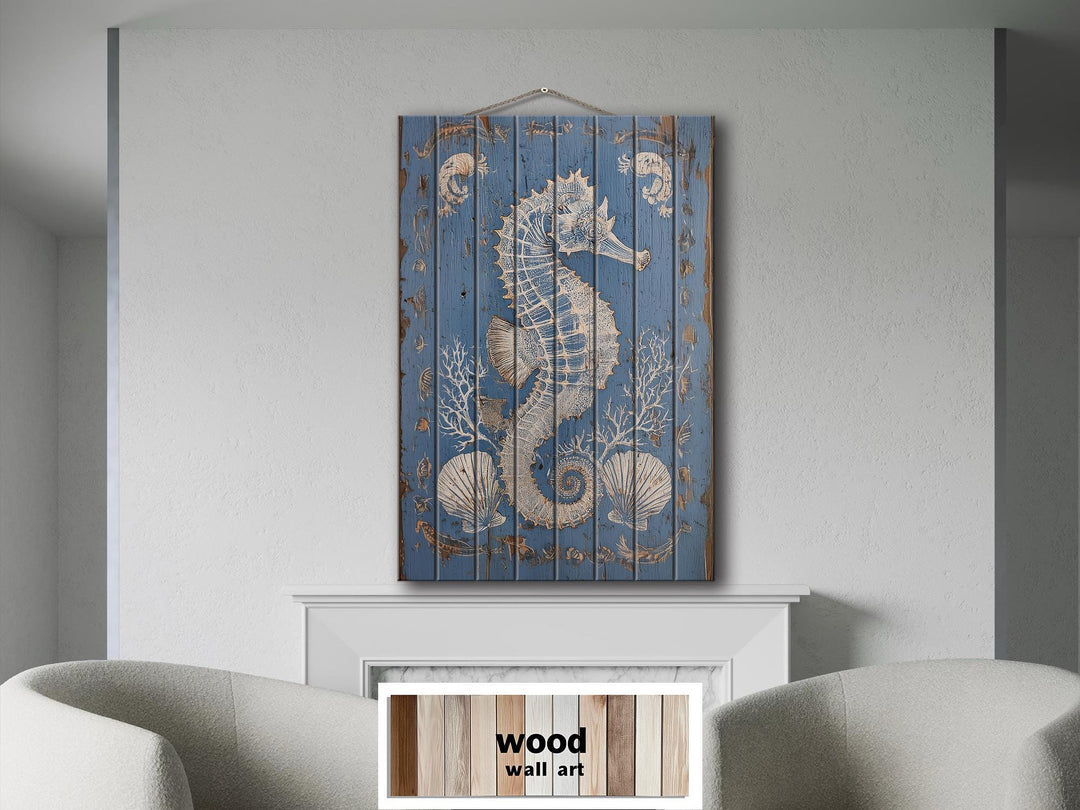 Seahorse and Seashells Vertical Distressed Coastal Wood Wall Art