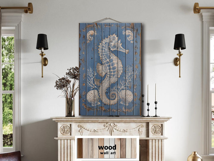 Seahorse and Seashells Vertical Distressed Coastal Wood Wall Art