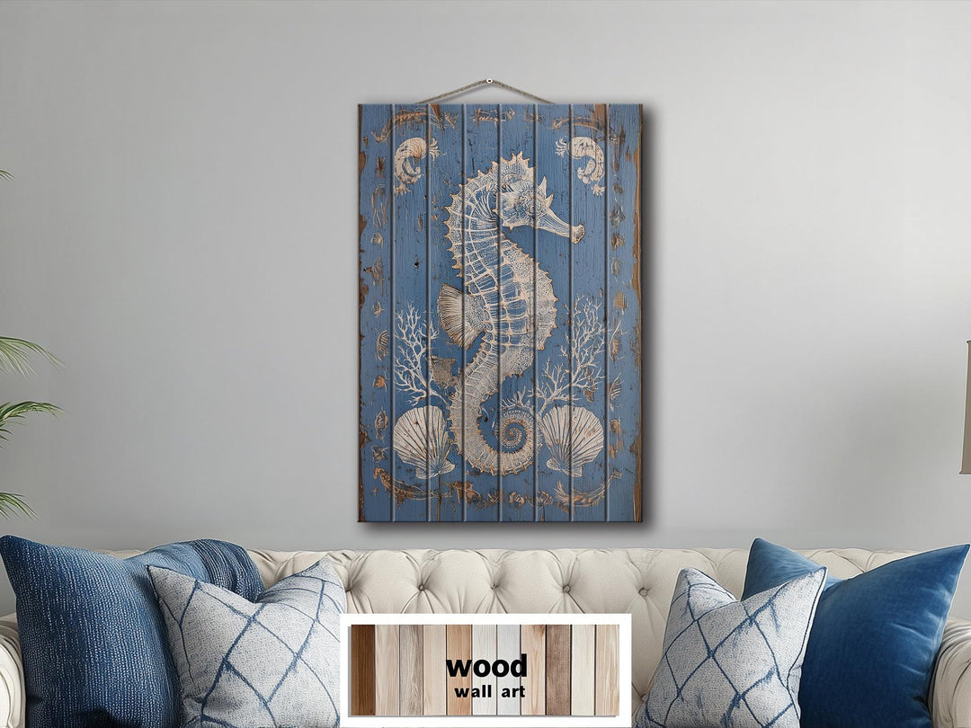 Seahorse and Seashells Vertical Distressed Coastal Wood Wall Art