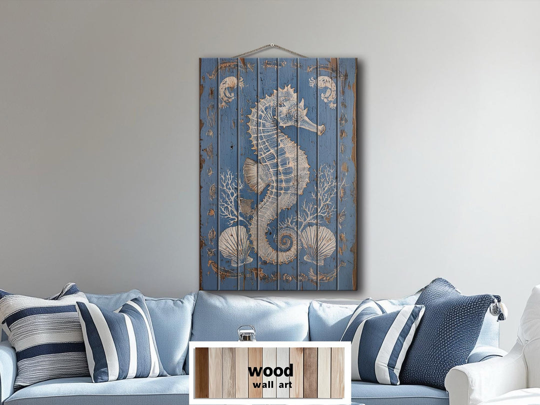 Seahorse and Seashells Vertical Distressed Coastal Wood Wall Art