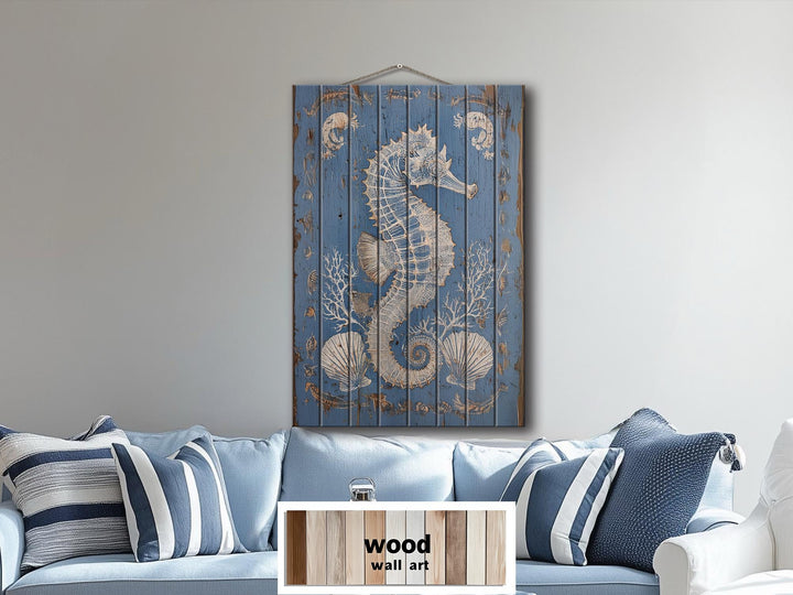 Seahorse and Seashells Vertical Distressed Coastal Wood Wall Art