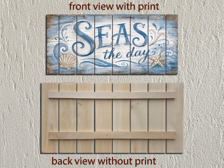 Coastal wood wall art featuring Seas the Day text with shells and starfish on weathered planks.