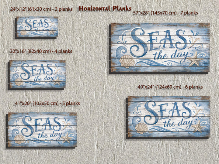 Seas The Day distressed wood wall art in five sizes featuring coastal motifs and blue script.