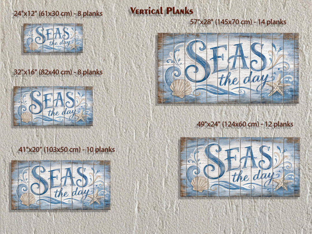 Five sizes of distressed wood wall art featuring Seas the Day text with coastal motifs.