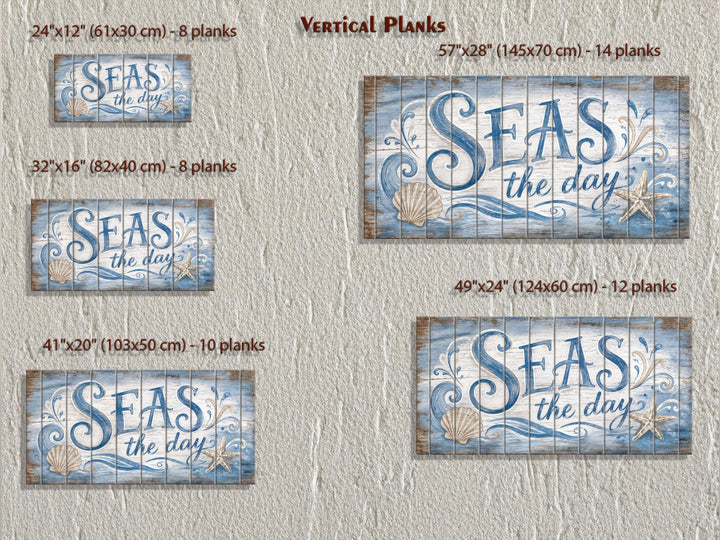 Five sizes of distressed wood wall art featuring Seas the Day text with coastal motifs.
