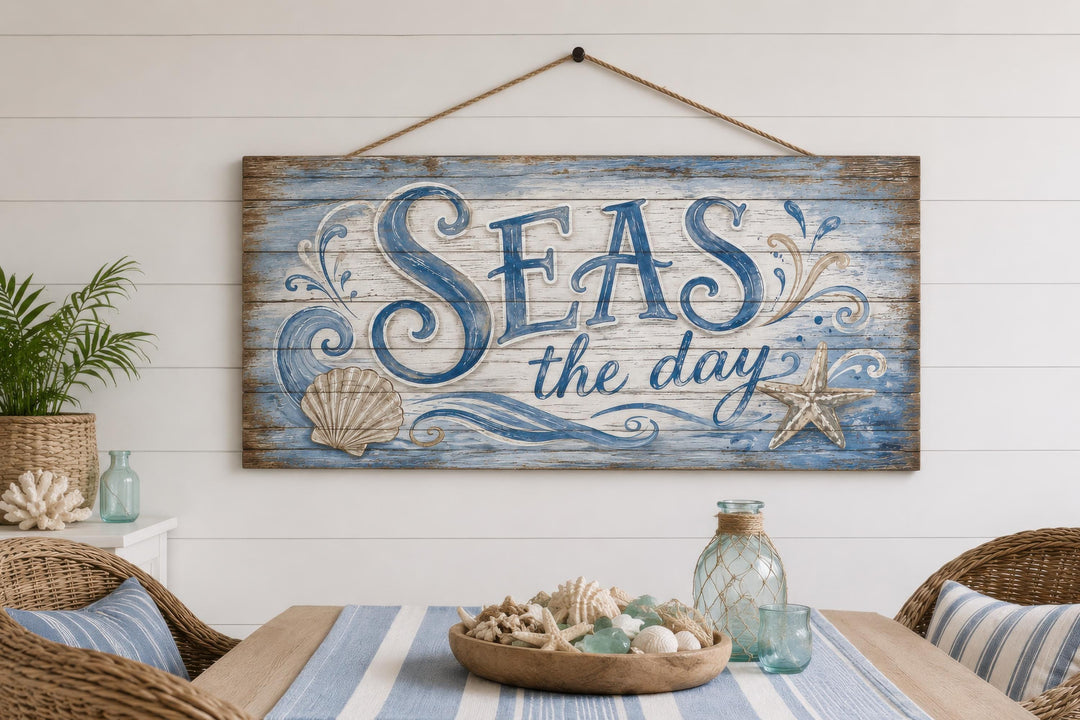 Seas The Day distressed wood wall art with coastal motifs hanging in a beach-themed room.