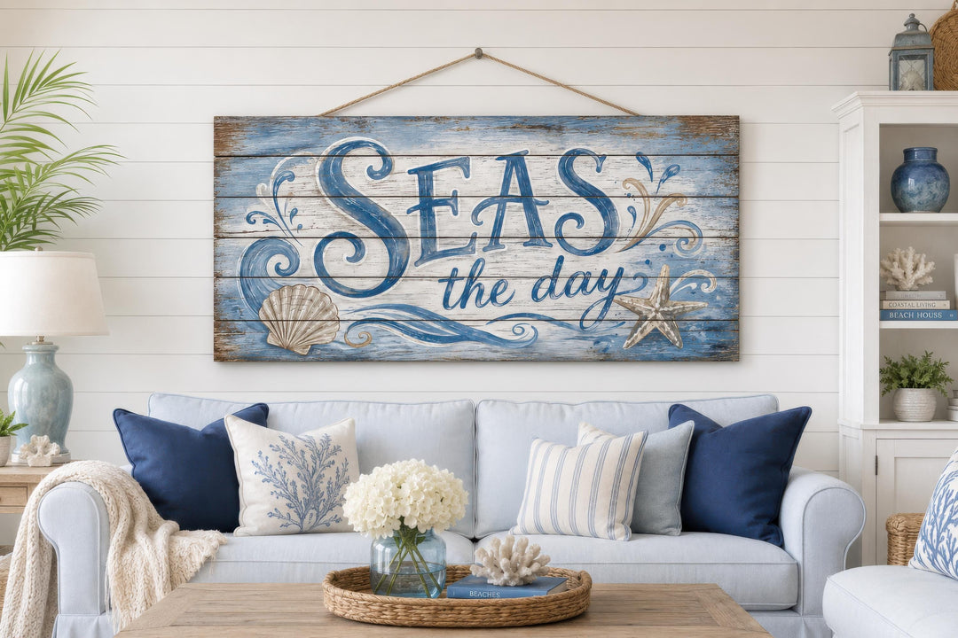 A large, distressed wood wall sign featuring the phrase Seas the Day in blue coastal script.