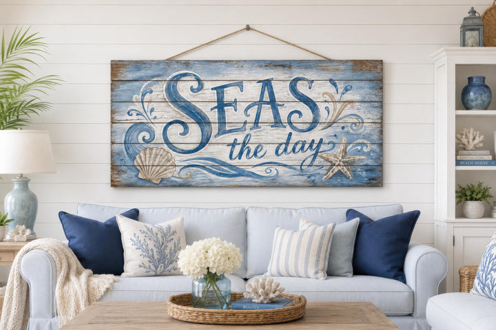 A large, distressed wood wall sign featuring the phrase Seas the Day in blue coastal script.