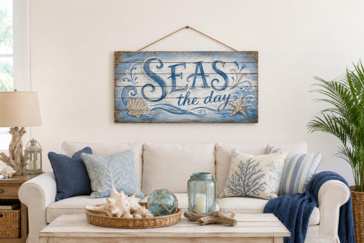 Seas The Day distressed wood wall art hanging above a coastal-themed sofa with nautical accents.