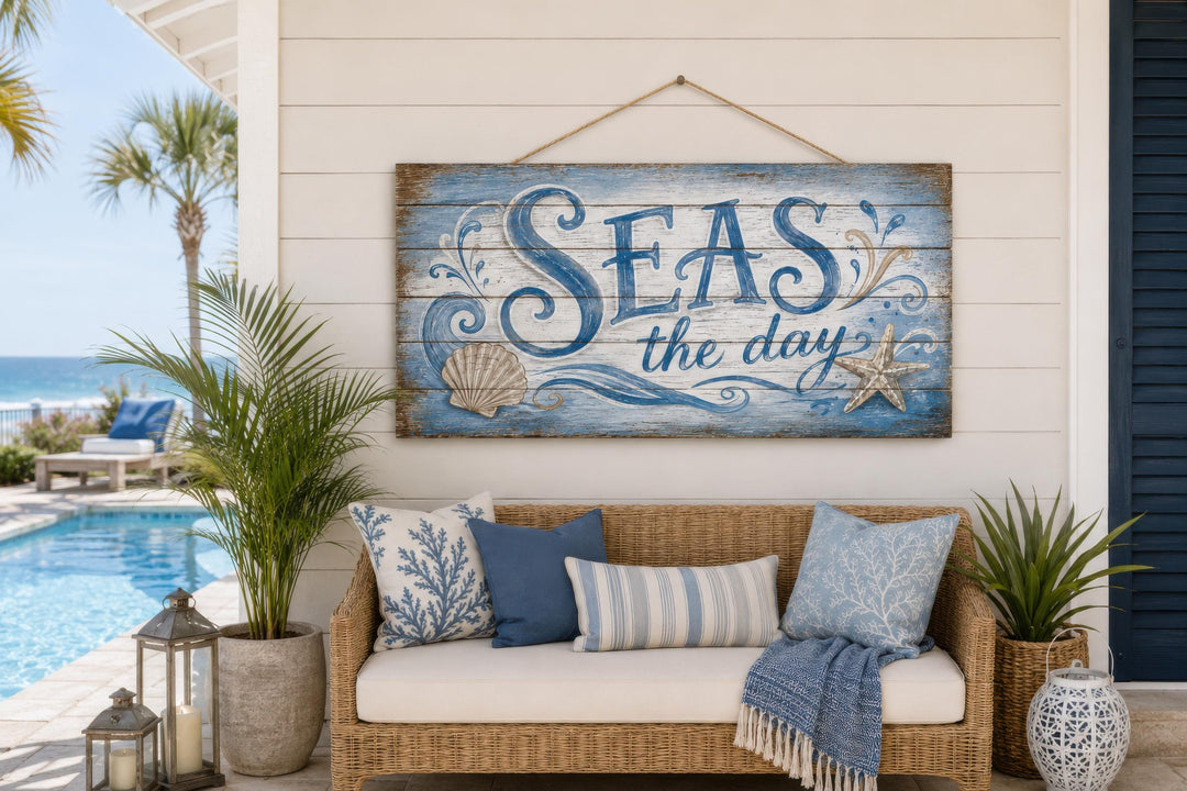 A distressed wood wall sign reading Seas the Day hangs above a coastal-themed wicker sofa.