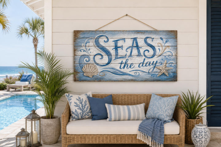 A distressed wood wall sign reading Seas the Day hangs above a coastal-themed wicker sofa.