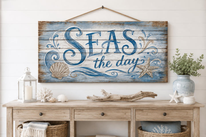 Seas The Day distressed wood wall art with coastal motifs hanging above a rustic wooden console.