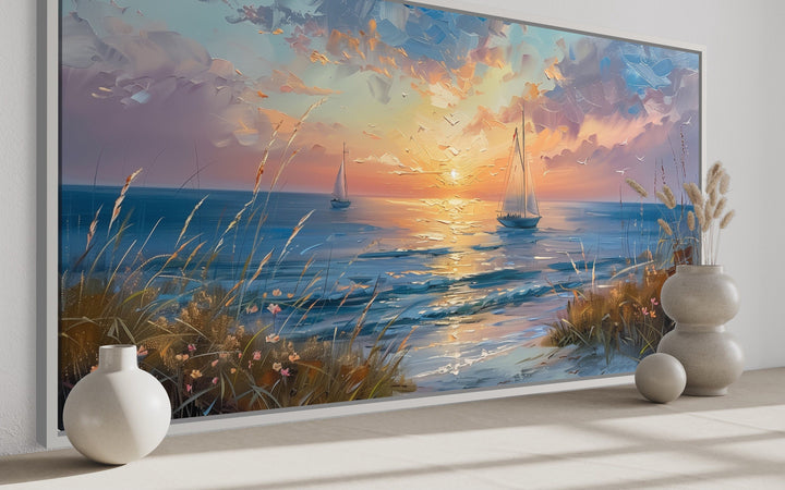 Seascape Sunset With Sailboats Painting Framed Canvas Wall Art