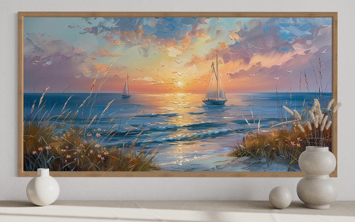 Seascape Sunset With Sailboats Painting Framed Canvas Wall Art