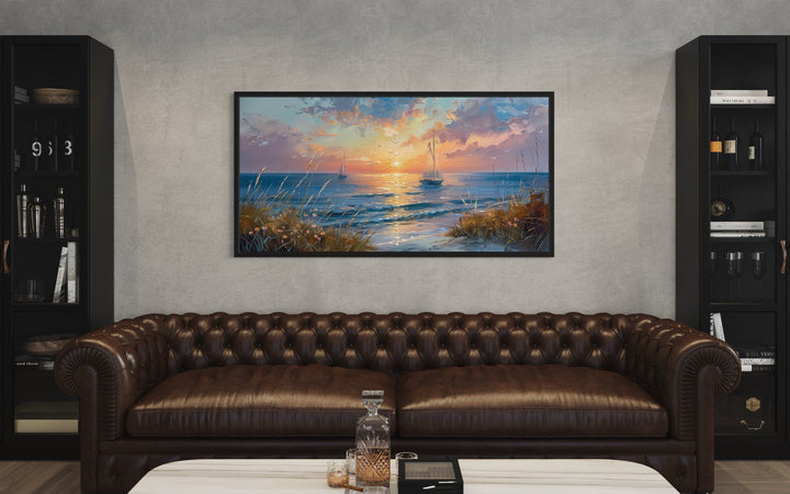 Seascape Sunset With Sailboats Painting Framed Canvas Wall Art