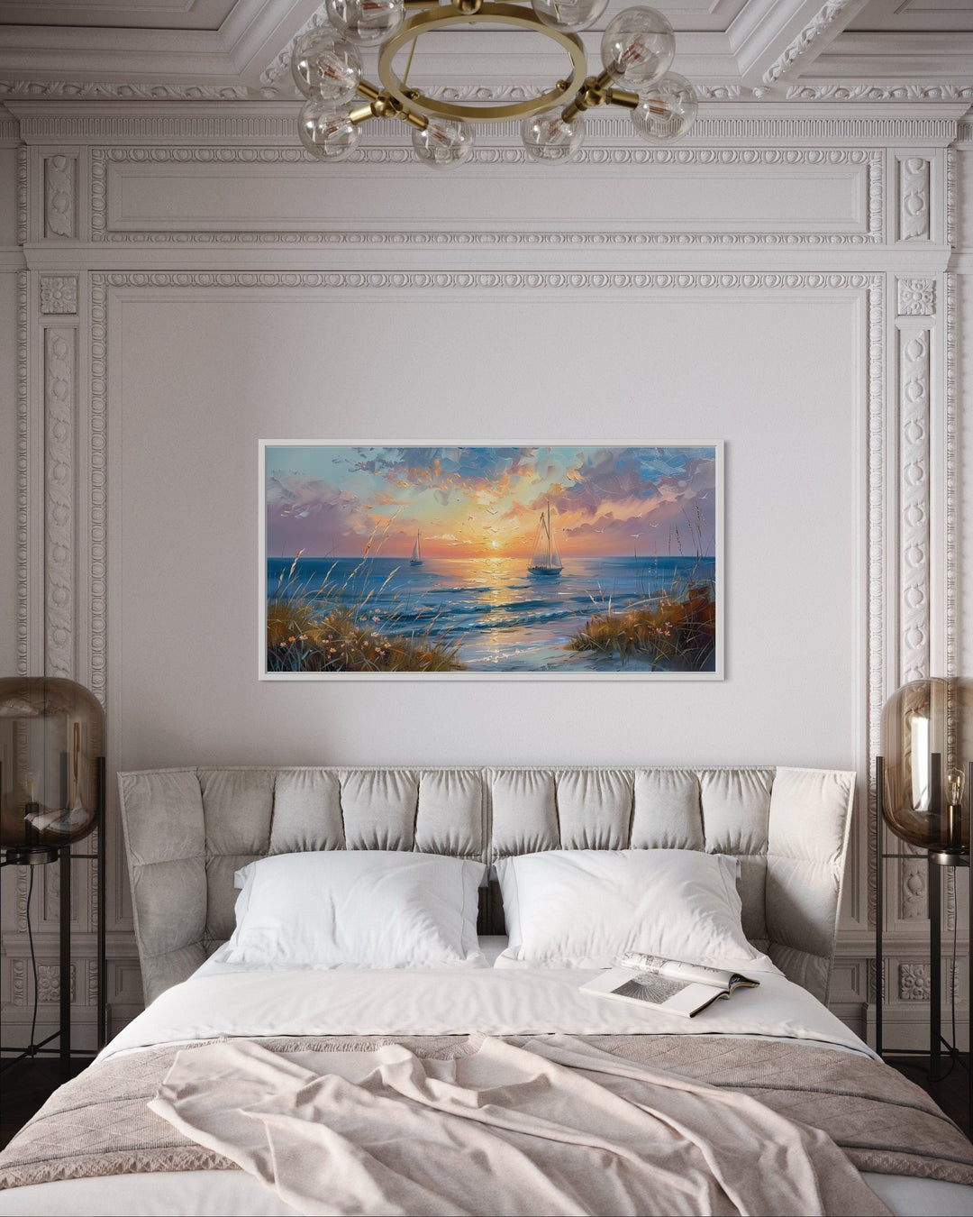 Seascape Sunset With Sailboats Painting Framed Canvas Wall Art