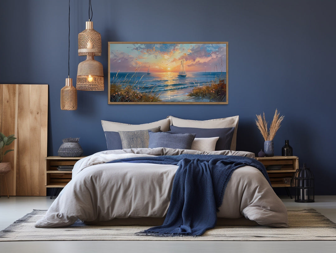 Seascape Sunset With Sailboats Painting Framed Canvas Wall Art