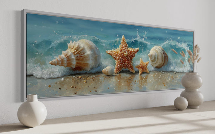 Seashell And Starfish Beach Scene Framed Canvas Wall Art