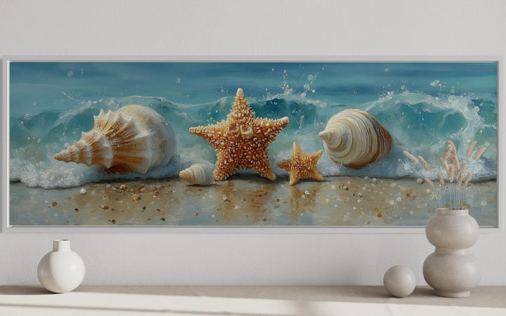 Seashell And Starfish Beach Scene Framed Canvas Wall Art