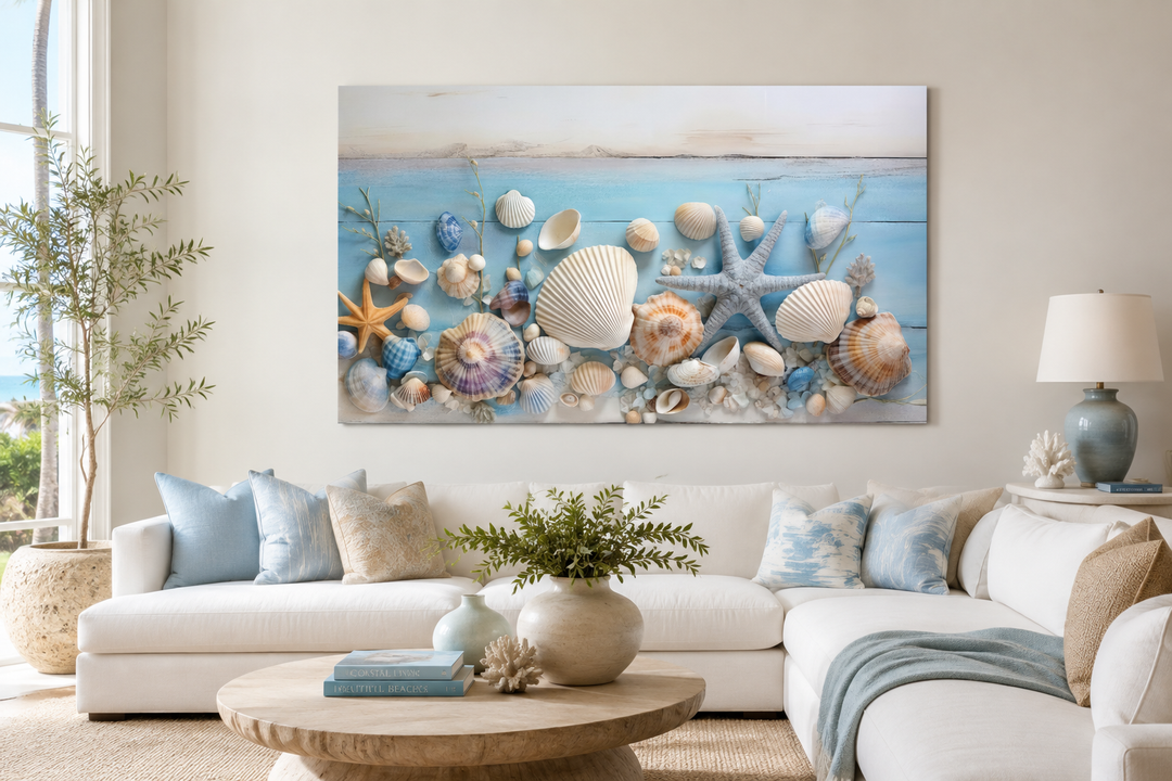 Seashells painting on blue wood coastal wall art displayed above a white sofa in a beach house.