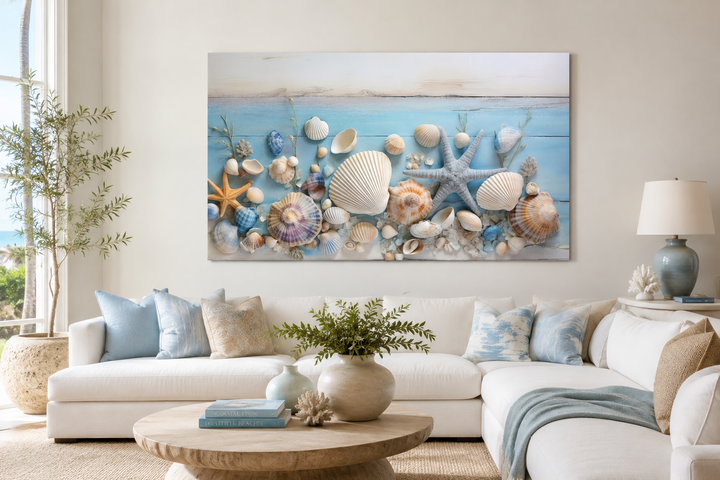 Seashells painting on blue wood coastal wall art displayed above a white sofa in a beach house.