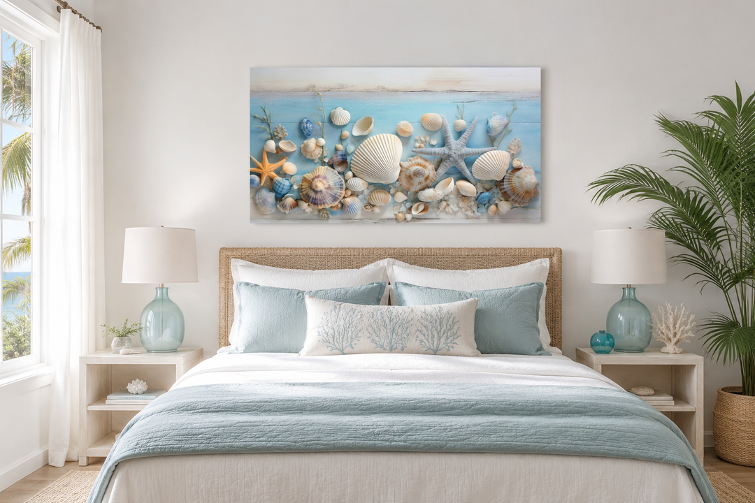 Seashells painting on blue wood coastal wall art displayed above a bed in a beach-themed bedroom.