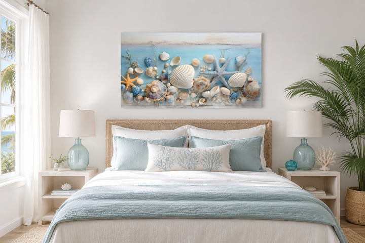 Seashells painting on blue wood coastal wall art displayed above a bed in a beach-themed bedroom.