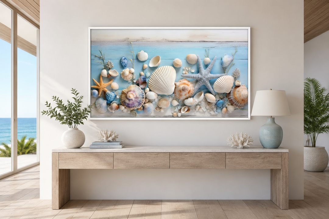 Seashells painting on blue wood coastal wall art framed above a console table in a beach house.