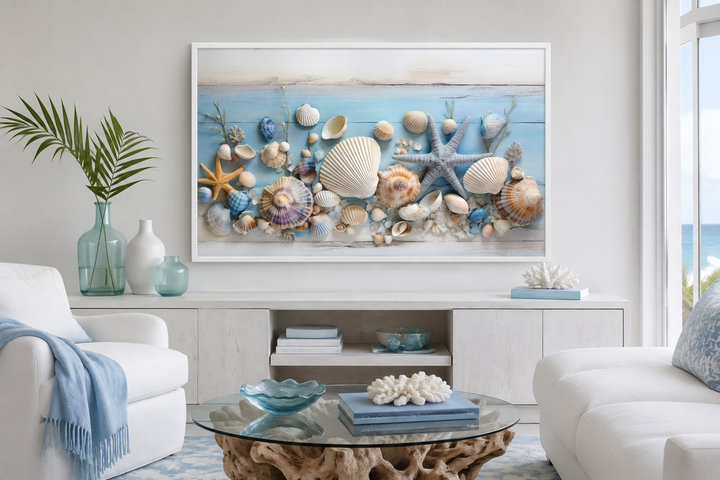 Seashells painting on blue wood coastal wall art displayed in a bright beach house living room.
