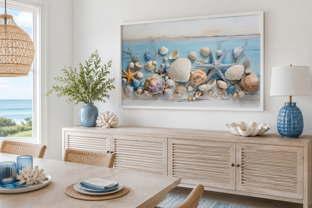 Seashells painting on blue wood coastal wall art displayed above a wooden sideboard in a room.