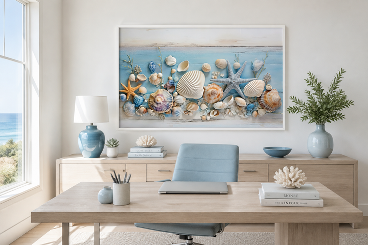 Seashells painting on blue wood coastal wall art displayed in a bright, modern home office.