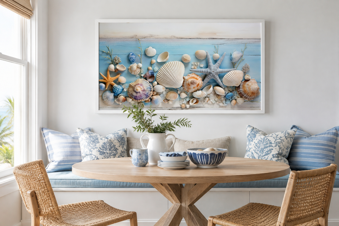 Seashells painting on blue wood coastal wall art in a white frame above a dining nook.